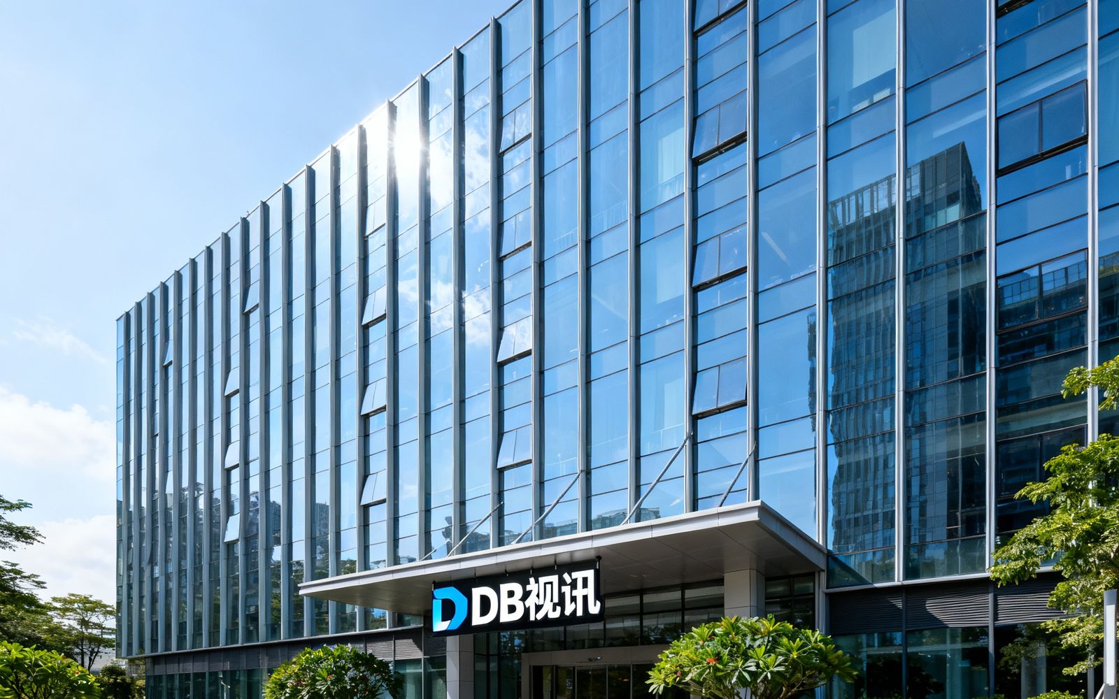 DB视讯位于深圳市南山区科技园的总部办公楼外观，一座现代化玻璃幕墙建筑在晴朗天空下熠熠生辉，楼前绿植环绕，入口处悬挂着DB视讯品牌标识。