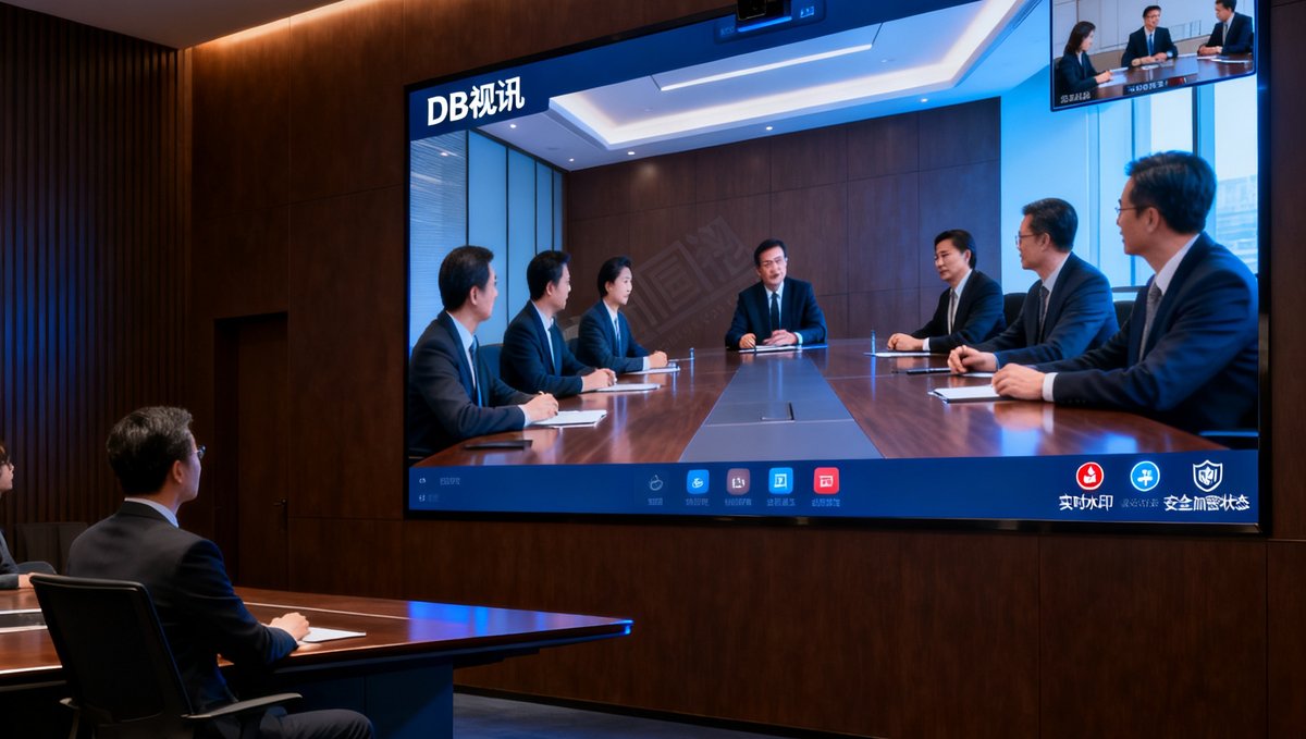 一间装饰沉稳的金融机构董事会会议室中，墙面屏幕上显示着DB视讯视频会议界面，多位高管正在进行远程合规评审，屏幕角落展示着实时水印和安全加密状态图标。