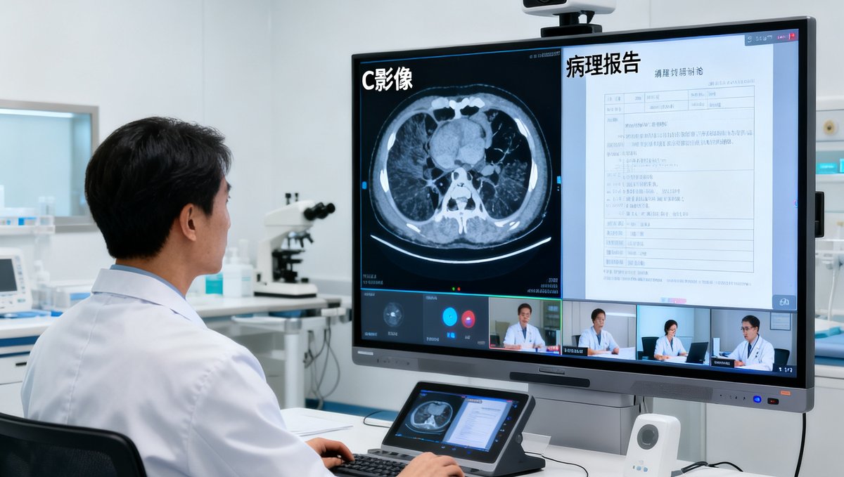 一间配备高清医疗显示设备的远程会诊室内，医生正通过DB视讯系统与数百公里外的专家进行实时病例讨论，屏幕上同时展示着CT影像和病理报告的高清画面。