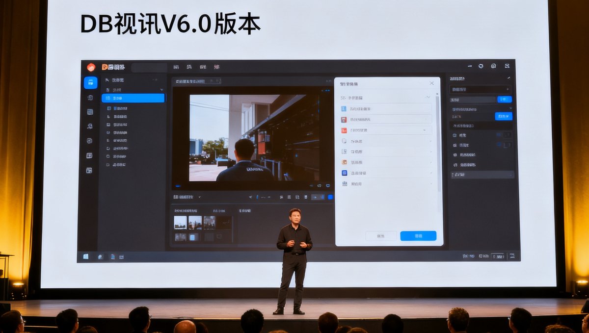 DB视讯V6.0版本发布会的现场照片，舞台大屏幕上展示着新功能的界面截图，台下观众正专注聆听技术分享。