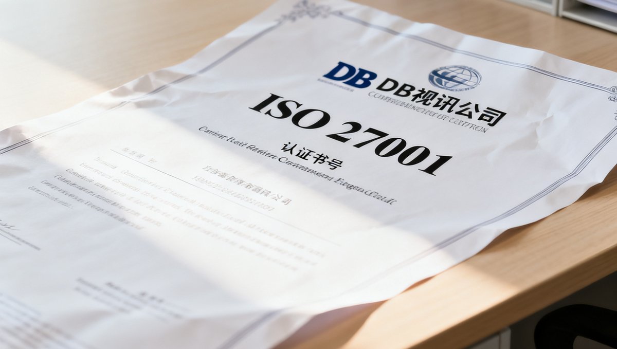 一张ISO 27001认证证书的特写照片，证书上印有DB视讯公司名称和认证编号，背景为整洁的办公环境。