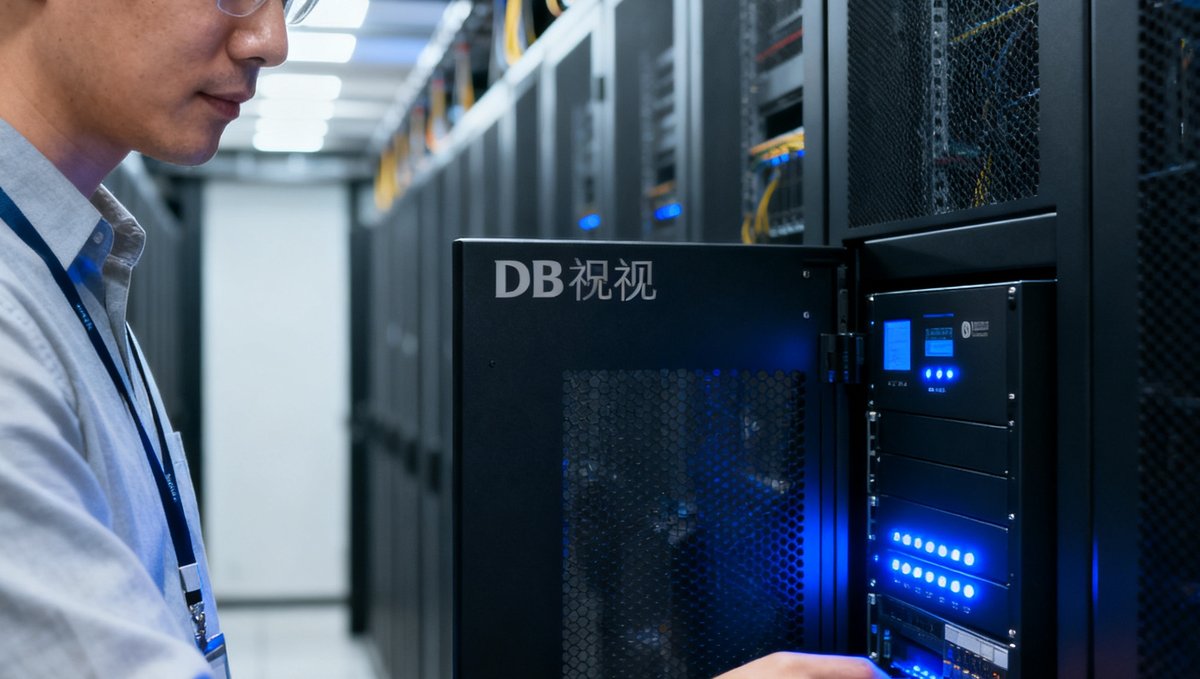 DB视讯技术团队在某银行数据中心进行系统部署的工作场景，工程师正在机柜前调试服务器设备。