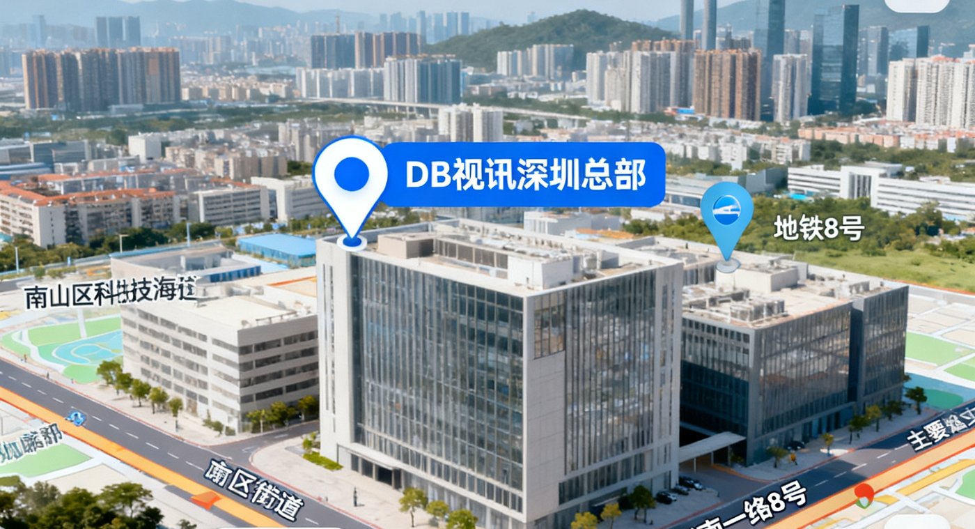 一张标注了DB视讯深圳总部位置的地图截图，显示南山区科技园粤海街道高新南一路8号的具体方位，周边标注了地铁站和主要道路名称。