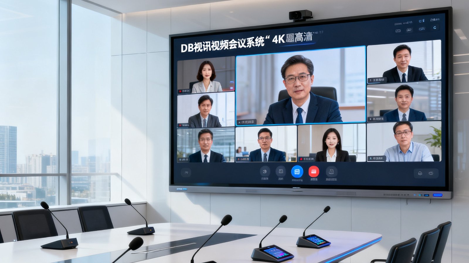 一间宽敞明亮的现代化企业会议室中，大屏幕展示了DB视讯视频会议系统的4K超高清界面，画面中多位远程参会者清晰可见，桌面上摆放着无线麦克风和触控面板，整体氛围专业高效。