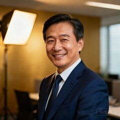 一位四十岁左右的亚洲男性企业高管半身照，穿着深蓝色西装，面带微笑，背景为模糊的办公室环境，整体形象专业稳重。