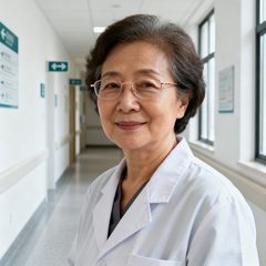 一位五十多岁的女性医学专家半身照，穿着白色医生工作服，戴着细框眼镜，神情专注而温暖，背景为医院走廊。