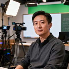 一位约三十五岁的男性教育行业管理者半身照，穿着休闲商务装，坐在一个充满科技感的直播间内，身后是课程录制设备。